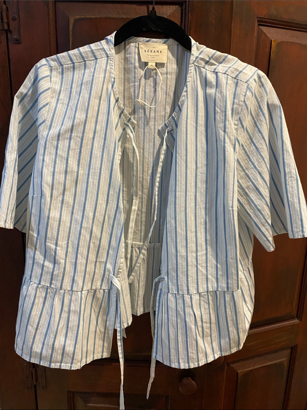 Sezane Blue & White Stripe Cotton Top, tie front, size 40